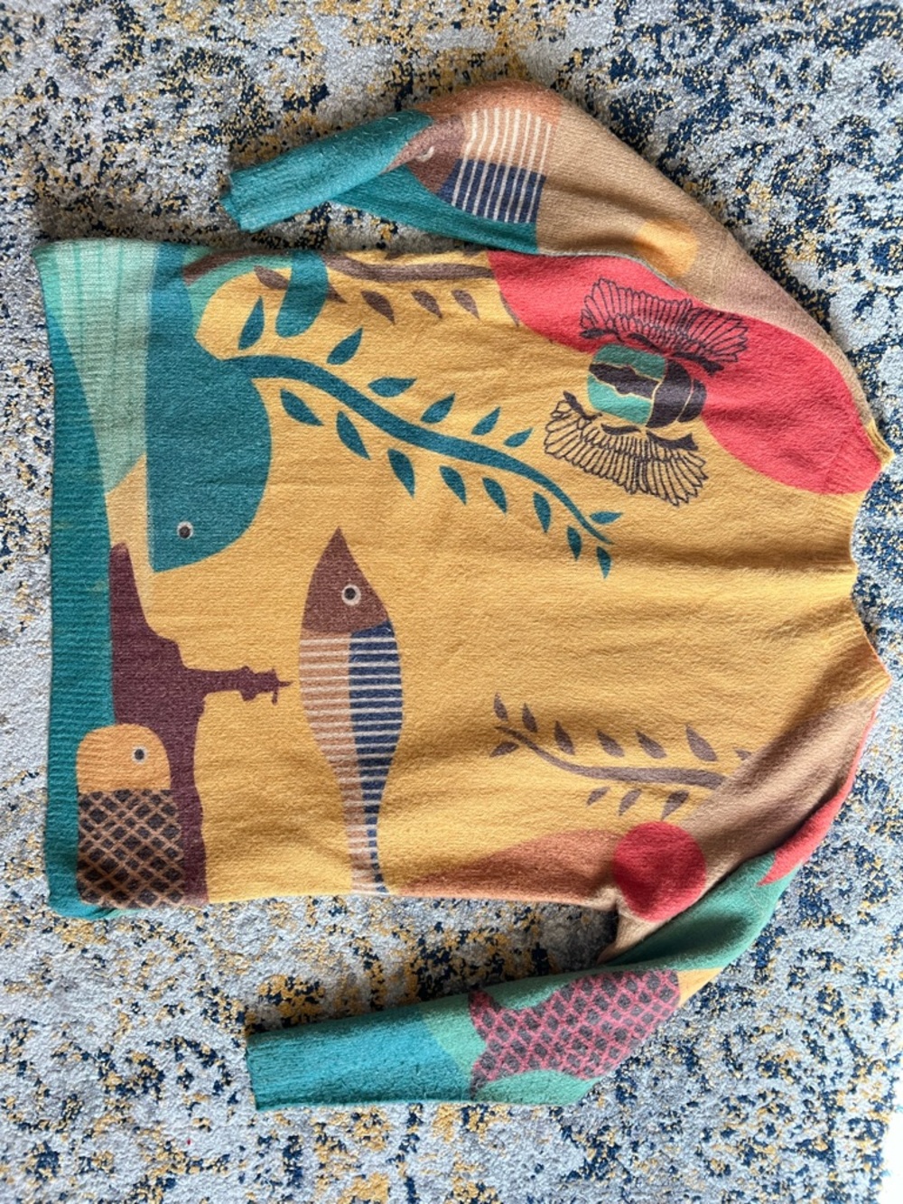 Yellow Fish and Scarab Motif Oversized Sweater